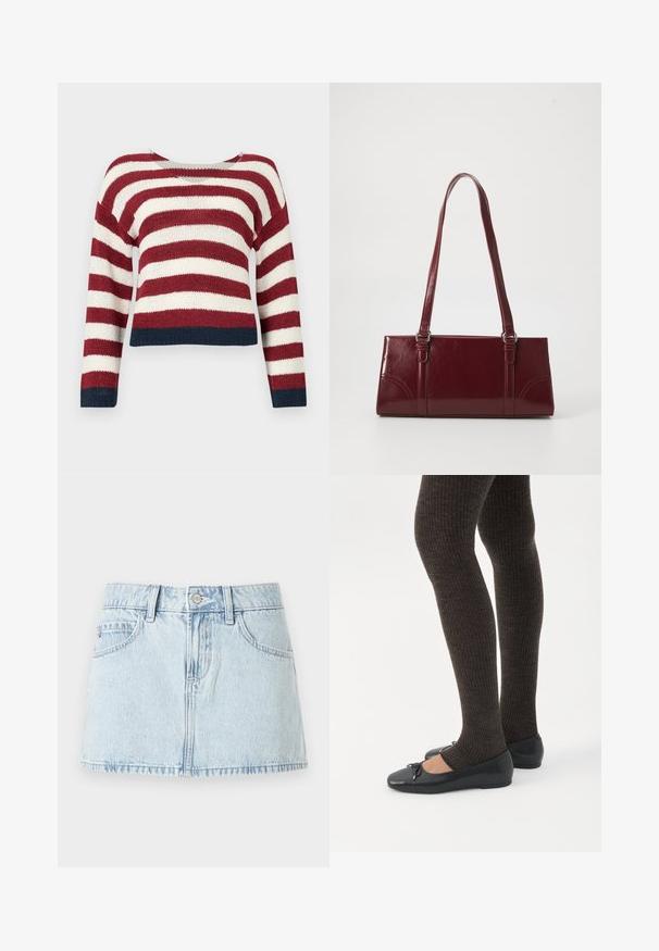 Pull en crochet avec des rayures horizontales rouges et blanches, arborant un design court et un ourlet bleu marine en bas et aux manches.; Mini-jupe en denim bleu clair avec boutons sur le devant, passants de ceinture et poches avant, présentée sur un fond blanc.; Jambes portant des leggings côtelés foncés associés à des ballerines noires avec de petits détails en nœud sur fond blanc.; Sac à main bordeaux en matériau brillant, de forme rectangulaire, avec deux anses et des accents légèrement courbés à l'avant.