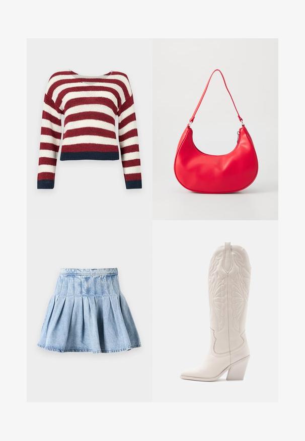 Pull en crochet avec des rayures horizontales rouges et blanches, arborant un design court et un ourlet bleu marine en bas et aux manches.; Jupe en denim bleu clair, présentant un design plissé complet et une taille. Le tissu a une texture subtile avec des détails de couture visibles.; Bottine de cowboy en cuir blanc avec un bout pointu et un talon bloc. Présente des motifs de broderie complexes sur la tige et une texture lisse.; Sac à épaule en simili cuir rouge au design courbé, avec une bandoulière fine et une fermeture éclair. Texture lisse avec des détails de couture visibles.
