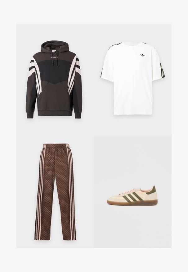 Σκούρο γκρι και μαύρο φούτερ Adidas με λευκές ρίγες στα μανίκια και την μπροστινή τσέπη, με κουκούλα με κορδόνια και λογότυπο στο στήθος.; Λευκό βαμβακερό t-shirt με κοντά μανίκια, με μαύρες τρεις ρίγες στους ώμους και ένα μικρό μαύρο λογότυπο στο στήθος.; Καφέ παντελόνια φόρμας με ανοιχτό ροζ κάθετες ρίγες στα πλαϊνά και επαναλαμβανόμενο σχέδιο φύλλων σε όλη την επιφάνεια, ελαστική μέση, εφαρμοστή ίσια γραμμή στα πόδια.; Χαμηλού προφίλ μπεζ αθλητικό παπούτσι Adidas Spezial με πράσινες ρίγες, σόλα από καουτσούκ και την επωνυμία "SPEZIAL" στην πλευρά, εμφανίζεται από την εξωτερική πλευρά.