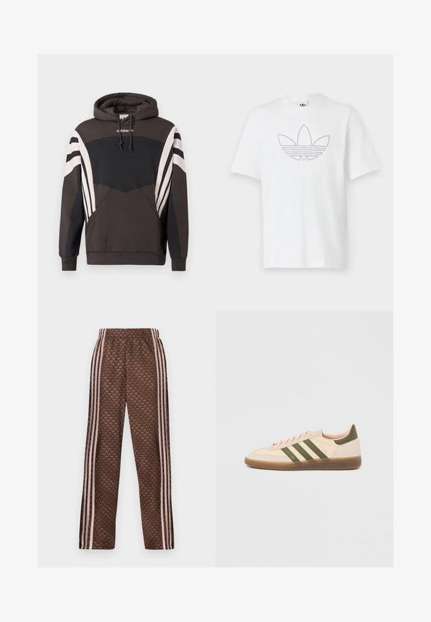 Σκούρο γκρι και μαύρο φούτερ Adidas με λευκές ρίγες στα μανίκια και την μπροστινή τσέπη, με κουκούλα με κορδόνια και λογότυπο στο στήθος.; Λευκό βαμβακερό T-shirt με φθαρμένο μαύρο περίγραμμα του λογότυπου τριφύλλι μπροστά. Κοντό μανίκι και στρογγυλή λαιμόκοψη.; Καφέ παντελόνια φόρμας με ανοιχτό ροζ κάθετες ρίγες στα πλαϊνά και επαναλαμβανόμενο σχέδιο φύλλων σε όλη την επιφάνεια, ελαστική μέση, εφαρμοστή ίσια γραμμή στα πόδια.; Χαμηλού προφίλ μπεζ αθλητικό παπούτσι Adidas Spezial με πράσινες ρίγες, σόλα από καουτσούκ και την επωνυμία "SPEZIAL" στην πλευρά, εμφανίζεται από την εξωτερική πλευρά.