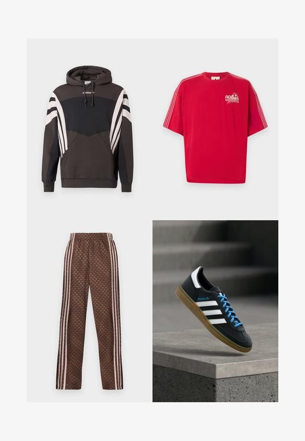 Σκούρο γκρι και μαύρο φούτερ Adidas με λευκές ρίγες στα μανίκια και την μπροστινή τσέπη, με κουκούλα με κορδόνια και λογότυπο στο στήθος.; Κόκκινο κοντομάνικο T-shirt Adidas με λευκό λογότυπο και γραφικό ποδοσφαίρου στο αριστερό μέρος του στήθους και τρεις λευκές ρίγες σε κάθε μανίκι.; Καφέ παντελόνια φόρμας με ανοιχτό ροζ κάθετες ρίγες στα πλαϊνά και επαναλαμβανόμενο σχέδιο φύλλων σε όλη την επιφάνεια, ελαστική μέση, εφαρμοστή ίσια γραμμή στα πόδια.; Μαύρο αθλητικό παπούτσι Adidas με λευκές ρίγες, μπλε κορδόνια και καουτσούκ σόλα να αιωρείται πάνω από γκρίζο τσιμεντένιο σκαλοπάτι σε απαλό φως.