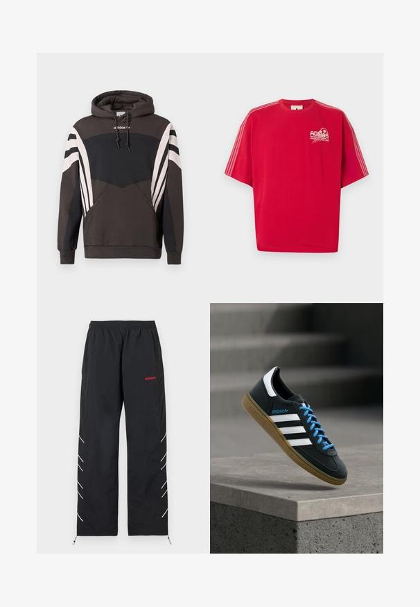 Σκούρο γκρι και μαύρο φούτερ Adidas με λευκές ρίγες στα μανίκια και την μπροστινή τσέπη, με κουκούλα με κορδόνια και λογότυπο στο στήθος.; Κόκκινο κοντομάνικο T-shirt Adidas με λευκό λογότυπο και γραφικό ποδοσφαίρου στο αριστερό μέρος του στήθους και τρεις λευκές ρίγες σε κάθε μανίκι.; Μαύρο παντελόνι φόρμας Adidas με ελαστική μέση, κόκκινο λογότυπο στο δεξί μηρό, λευκές διαγώνιες ρίγες στα πλάγια των ποδιών και ρυθμιστικά στους αστραγάλους.; Μαύρο αθλητικό παπούτσι Adidas με λευκές ρίγες, μπλε κορδόνια και καουτσούκ σόλα να αιωρείται πάνω από γκρίζο τσιμεντένιο σκαλοπάτι σε απαλό φως.