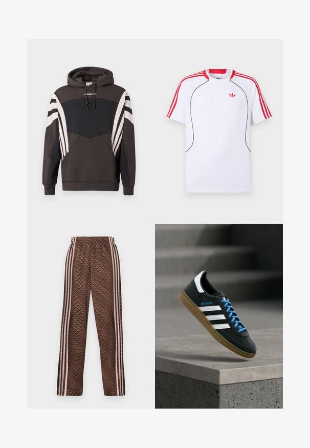 Σκούρο γκρι και μαύρο φούτερ Adidas με λευκές ρίγες στα μανίκια και την μπροστινή τσέπη, με κουκούλα με κορδόνια και λογότυπο στο στήθος.; Λευκό κοντομάνικο αθλητικό μπλουζάκι με κόκκινες ρίγες στους ώμους και στα μανίκια, μαύρες λεπτομέρειες στο μπροστινό μέρος και κόκκινο λογότυπο Adidas trefoil στο στήθος.; Καφέ παντελόνια φόρμας με ανοιχτό ροζ κάθετες ρίγες στα πλαϊνά και επαναλαμβανόμενο σχέδιο φύλλων σε όλη την επιφάνεια, ελαστική μέση, εφαρμοστή ίσια γραμμή στα πόδια.; Μαύρο αθλητικό παπούτσι Adidas με λευκές ρίγες, μπλε κορδόνια και καουτσούκ σόλα να αιωρείται πάνω από γκρίζο τσιμεντένιο σκαλοπάτι σε απαλό φως.