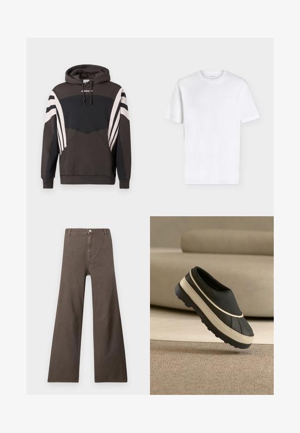 Σκούρο γκρι και μαύρο φούτερ Adidas με λευκές ρίγες στα μανίκια και την μπροστινή τσέπη, με κουκούλα με κορδόνια και λογότυπο στο στήθος.; Απλό λευκό κοντομάνικο μπλουζάκι με στρογγυλή λαιμόκοψη και διακριτικό ανάγλυφο λογότυπο στο πάνω αριστερό μέρος του στήθους, εμφανιζόμενο σε λευκό φόντο.; Καφέ παντελόνι με πλατιά μπατζάκια, ψηλή μέση, κλείσιμο με κουμπί, θηλιές για ζώνη και ορατές ραφές στα μπατζάκια.; Μαύρο και μπεζ αδιάβροχο παπούτσι χωρίς κορδόνια με χοντρή σόλα που ακουμπάει σε μπεζ χαλί μπροστά από μπεζ καναπέ.