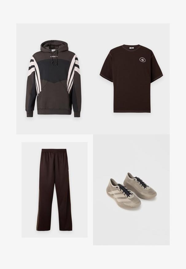 Σκούρο γκρι και μαύρο φούτερ Adidas με λευκές ρίγες στα μανίκια και την μπροστινή τσέπη, με κουκούλα με κορδόνια και λογότυπο στο στήθος.; Σκούρο καφέ κοντομάνικο T-shirt με λευκή ραφή και μικρό λευκό λογότυπο Adidas trefoil μέσα σε κύκλο στο αριστερό στήθος.; Σκούρο καφέ παντελόνι με ευρύ πόδι, ελαστική μέση και διακριτικές ανοιχτό καφέ λωρίδες στα πλάγια, σε απλό λευκό φόντο.; Ζευγάρι μπεζ αθλητικά παπούτσια με μαύρα κορδόνια, διαθέτοντας υφή με ριγέ μοτίβο και τρεις πλαϊνές γραμμές σε απλό φόντο.