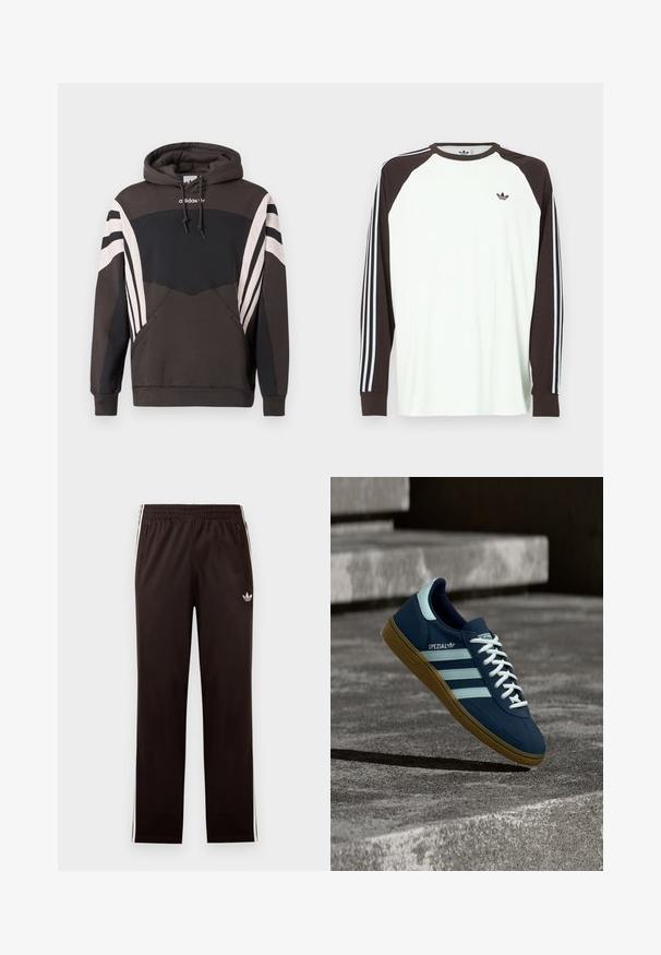 Σκούρο γκρι και μαύρο φούτερ Adidas με λευκές ρίγες στα μανίκια και την μπροστινή τσέπη, με κουκούλα με κορδόνια και λογότυπο στο στήθος.; Λευκό πουκάμισο με μακριά μανίκια και καφέ μανίκια raglan. Διαθέτει μπλε και λευκές ρίγες στα μανίκια και ένα μικρό λογότυπο στο στήθος.; Μαύρο παντελόνι φόρμας Adidas με ελαστική μέση, λευκές ρίγες στα πλάγια, τσέπες με φερμουάρ και μικρό λογότυπο τριφύλλι στο αριστερό μηρό.; Μπλε sneaker Adidas Spezial με λευκές ρίγες και κορδόνια, λαστιχένια σόλα, αιωρείται πάνω από τραχιά επιφάνεια σκυροδέματος και σκαλοπάτια στο φόντο.
