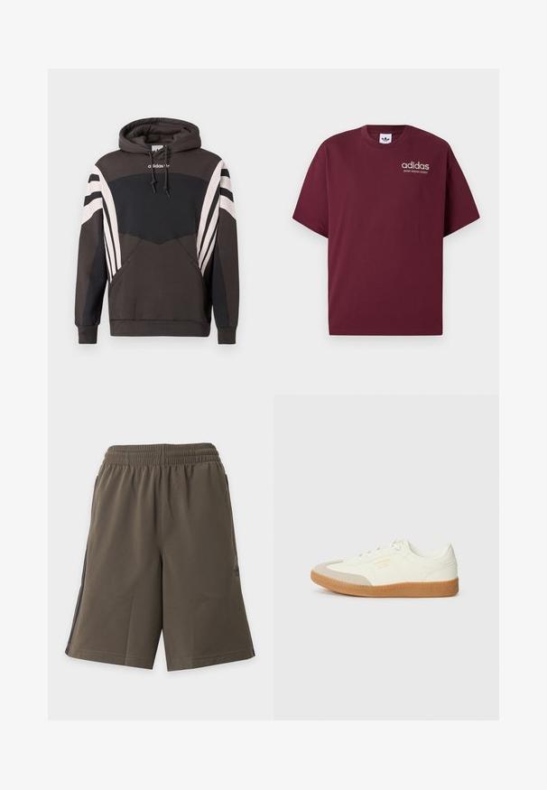 Σκούρο γκρι και μαύρο φούτερ Adidas με λευκές ρίγες στα μανίκια και την μπροστινή τσέπη, με κουκούλα με κορδόνια και λογότυπο στο στήθος.; Βουργουνδί βραχιολάκι μπλουζάκι με κοντά μανίκια από βαμβάκι. Διαθέτει στρογγυλή λαιμόκοψη και ένα μικρό λευκό λογότυπο "adidas" με την ένδειξη "SPORT DESIGN STUDIO" από κάτω.; Καφέ ελαστικό σορτς με πλαϊνές τσέπες και διακριτικές μαύρες ρίγες κατά μήκος των εξωτερικών ραφών, παρουσιασμένο σε φωτεινό φόντο.; Αθλητικά παπούτσια από λευκό δέρμα με μπεζ κάλυμμα δαχτύλων και ανοιχτό καφέ καουτσούκ σόλα. Έχουν επίπεδες λευκές κορδόνες και ανάγλυφο λογότυπο στο πλάι.