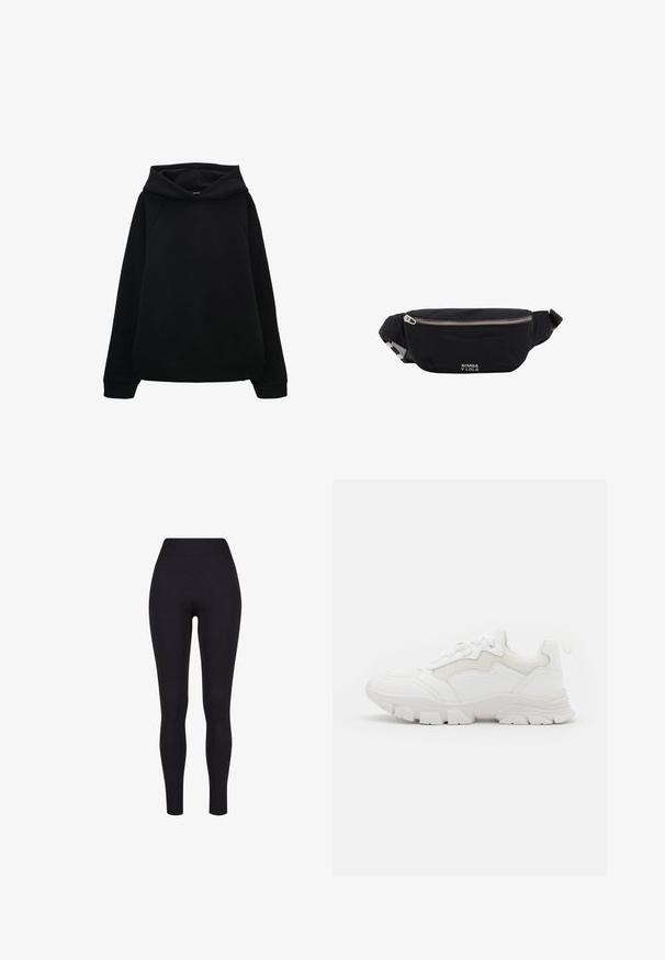 Zwarte hoodie met een relaxte pasvorm, raglanmouwen en ribgebreide manchetten en onderkant. Gladde textuur zonder patronen of zichtbare hardware.; Zwarte high-waisted legging, gemaakt van rekbaar materiaal, met een gladde textuur en een aansluitend ontwerp zonder zichtbare naden of patronen.; NA-KD CONTRAST SOLE TREKKING - Sneakers laag - white; Zwarte stoffen heuptas met zilveren rits en verstelbare band, voorzien van klein wit "Bimba y Lola"-logo aan de voorkant.