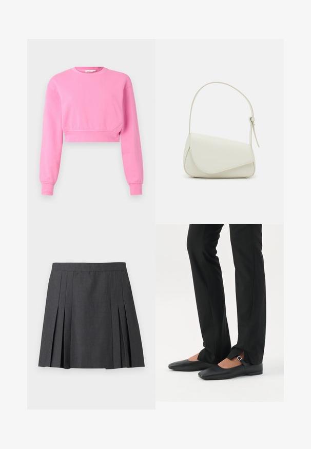 Sweatshirt rose court avec manches longues, col rond et poignets côtelés. Fabriqué à partir d'un mélange de coton doux avec une texture lisse.; ONLY ONLMARION PLEAT SKIRT - Minijupe - dark grey melange; Jambes vêtues d’un pantalon slim noir avec des fentes à l’avant de l’ourlet, assorties à des chaussures plates Mary Jane noires avec une petite bride à boucle.; Sac à main en cuir synthétique blanc avec une forme triangulaire structurée, une bandoulière unique réglable et un rabat à courbes accentuées.