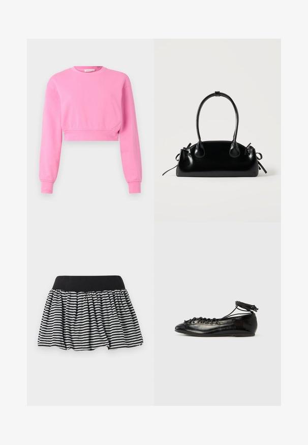 Rosa cropped sweatshirt med lange ærmer, rund halsudskæring og ribbede ærmer. Fremstillet af en blød bomuldsblanding med en glat overflade.; Stribet sort og hvid nederdel med et samlet design og elastisk talje, lavet af blødt materiale. Har en udvidet form for fylde.; Sorte balletflade sko i laklæder med rundet tå, snørelukning og flad sål. Glat tekstur med få detaljer.; Lille sort blank håndtaske med to lange håndtag og snøre-detaljer i siden på en ensfarvet lys baggrund.