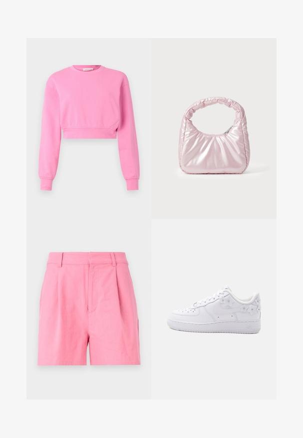 Rosa, verkürzter Sweatshirt mit langen Ärmeln, Rundhalsausschnitt und gerippten Bündchen. Hergestellt aus einem weichen Baumwollmix mit einer glatten Textur.; Rosa Shorts aus Baumwolle mit glatter Textur, ausgestattet mit Falten, einem Bund und seitlichen Taschen für zusätzliche Funktionalität.; Weißer Low-Top-Sneaker mit perforierter Zehe, Nike-Swoosh und dekorativen weißen Blumenakzenten an Ferse und Seite.; Rosa, gepolsterte Handtasche mit abgerundeter Form, aus glänzendem Material gefertigt. Verfügt über einen gerafften Griff und einen Reißverschluss für sicheren Zugang.