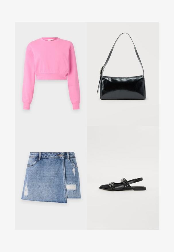 Roze cropped sweatshirt met lange mouwen, ronde halslijn en geribde manchetten. Gemaakt van een zachte katoenmix met een gladde textuur.; Lichtblauw denim minirok met vervaagde plekken en versleten details. Heeft een frontale knoopsluiting en een traditionele vijf-pocket design.; Even&Odd by Zalando Slingback ballerina´s - black; Zwarte rechthoekige schoudertas met een enkele verstelbare band en een bovenste ritssluiting op een effen achtergrond.