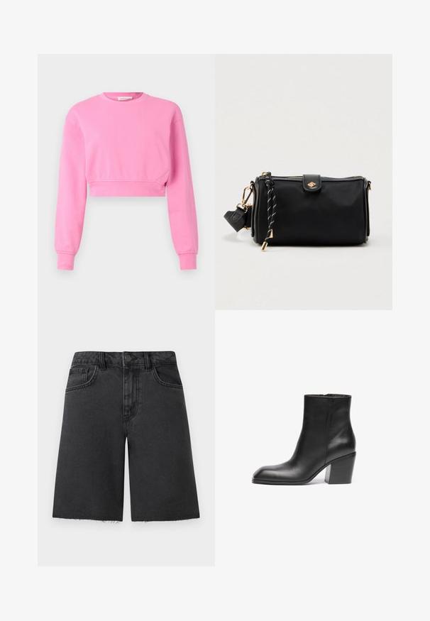 Roze cropped sweatshirt met lange mouwen, ronde halslijn en geribde manchetten. Gemaakt van een zachte katoenmix met een gladde textuur.; Zwarte denim shorts met een rafelige zoom, klassiek ontwerp met vijf zakken, knoopsluiting en een gestructureerde pasvorm.; Zwarte leren enkelboot met een vierkante punt en een chunky blokhak. Gladde textuur en minimalistisch ontwerp. Zijrits voor gemakkelijke instap.; Zwarte rechthoekige tas met een gladde textuur, gouden hardware, ritssluiting en een decoratieve zwart-witte riem bevestigd aan de zijkant.