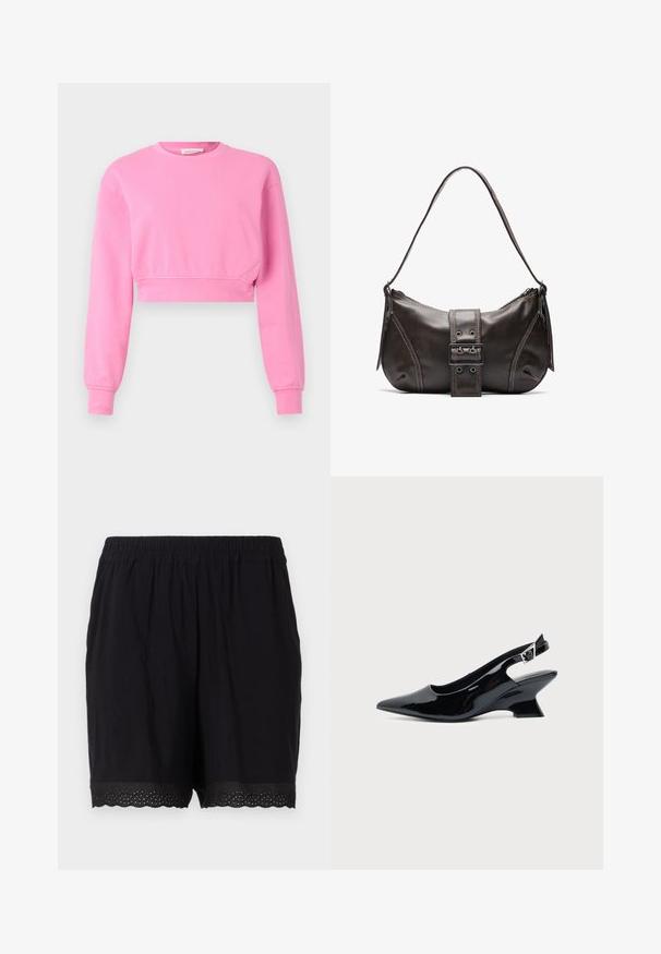 Rosa cropped sweatshirt med lange ærmer, rund halsudskæring og ribbede ærmer. Fremstillet af en blød bomuldsblanding med en glat overflade.; Sorte bomuldsshorts med elastisk talje og bølgende kant, der har perforerede detaljer ved kanterne. Blødt og let materiale.; Sort laklæder slingback sko med spids tå og lav vinklet blokhæl på ensartet lys baggrund.; Brun læder skuldertaske med en buet form, der har et fremtrædende spænde, kontrasterende syninger og en enkelt skulderrem.
