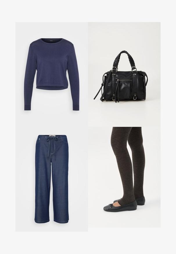 Pull court bleu marine en maille douce. Il a un col rond et des manches longues avec des poignets côtelés. Design simple et épuré.; Pantalons larges bleu marine avec taille à cordon, poches avant et coutures blanches visibles.; Jambes portant des leggings côtelés foncés associés à des ballerines noires avec de petits détails en nœud sur fond blanc.; Sac à main en simili cuir noir texturé avec des anses tressées, des accents en métal argenté et une poche zippée à l'avant. Design compact avec une bandoulière amovible.