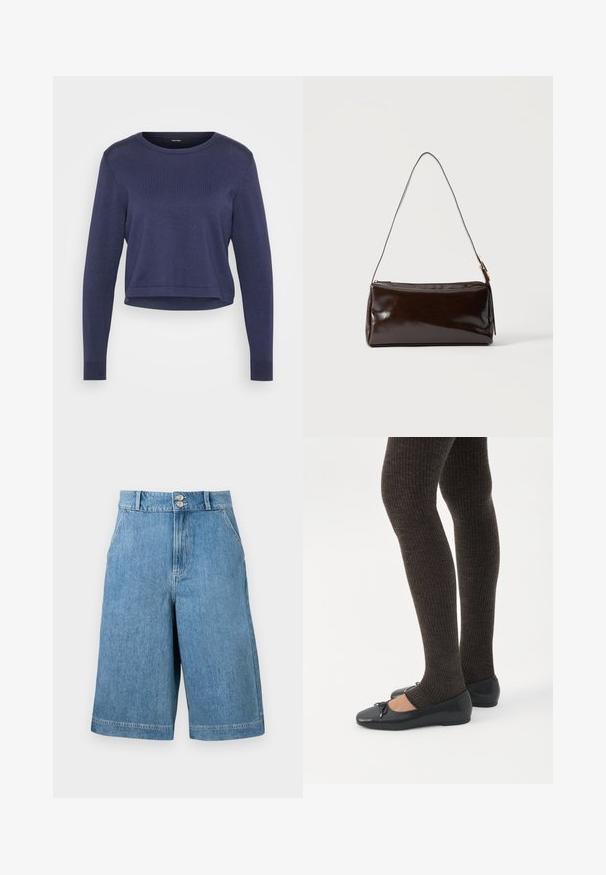 Pull court bleu marine en maille douce. Il a un col rond et des manches longues avec des poignets côtelés. Design simple et épuré.; Shorts en denim bleu taille haute à jambes larges, deux poches avant, passants de ceinture et fermeture à double bouton sur un fond uni.; Jambes portant des leggings côtelés foncés associés à des ballerines noires avec de petits détails en nœud sur fond blanc.; Sac à bandoulière rectangulaire en cuir marron foncé avec une seule sangle fine et une boucle dorée sur un fond uni.