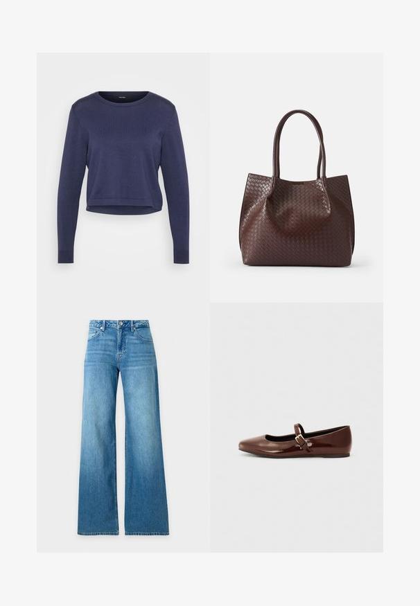 Pull court bleu marine en maille douce. Il a un col rond et des manches longues avec des poignets côtelés. Design simple et épuré.; Jean bleu taille haute avec une coupe à jambes larges, fermeture devant par boutons et fermeture éclair, et poches à l'avant et à l'arrière.; Ballerine en cuir verni marron avec un bout carré et une lanière ornée d'une petite boucle dorée. Texture lisse, talon bas et design minimaliste.; Sac fourre-tout en cuir tressé marron avec deux poignées, présentant une surface texturée et un design à ouverture supérieure. Forme minimaliste sans quincaillerie supplémentaire.