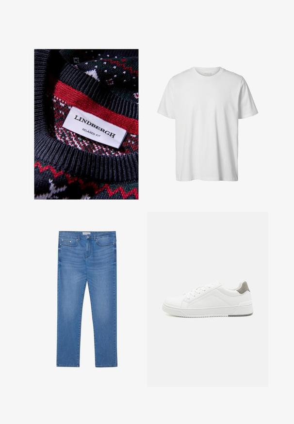 Sort strikket sweater med et tekstureret mønster og røde og grønne accenter. Mærket viser "LINDBERGH RELAXED FIT."; Enkelt hvid T-shirt med korte ærmer og rund hals, løs pasform og uden synlige logoer eller designs foran.; Lyseblå denimjeans med lige ben, femlommes design, subtil falming og metalbeslag ved taljen og lommerne.; Hvid sneaker lavet af glat læder, rund tå, minimalistisk design, grå hælafsats og tekstureret gummisål.