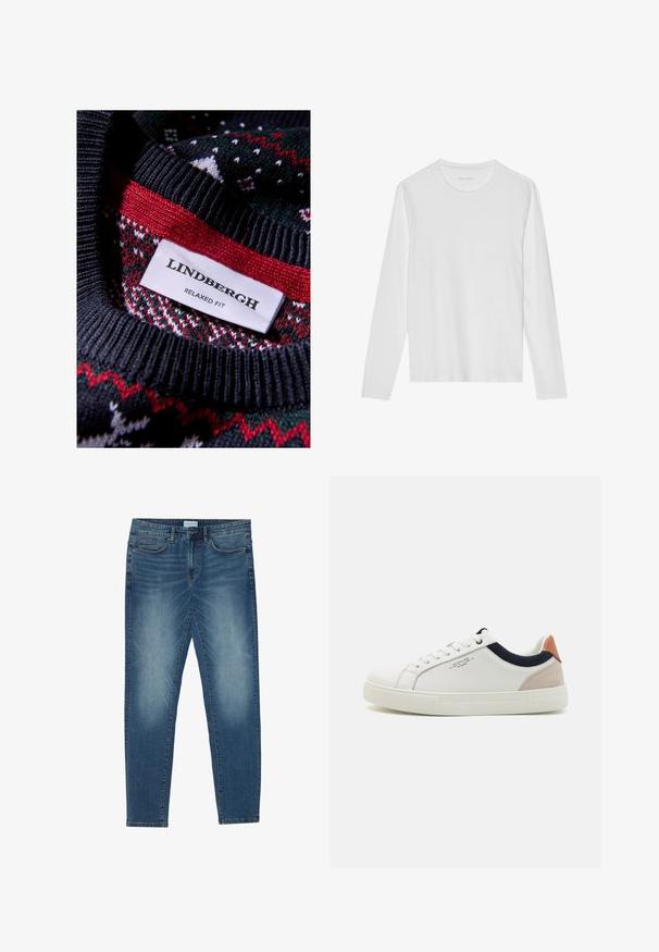 Zwarte gebreide trui met een textuurpatroon en rode en groene accenten. Etiket zegt "LINDBERGH RELAXED FIT."; Wit T-shirt met lange mouwen gemaakt van zacht katoen, met een ronde halslijn en een gladde textuur zonder zichtbare patronen of accenten.; Middenblauwe denim jeans met een vervaagde was, vijfzakdesign, rechte pasvorm en gestikte accenten. Sluiting met knoop en rits.; Witte leren sneakers met een laag ontwerp, marineblauwe stoffen accenten op de kraag en een lichtroze suède hieltab. Rubberen zool.