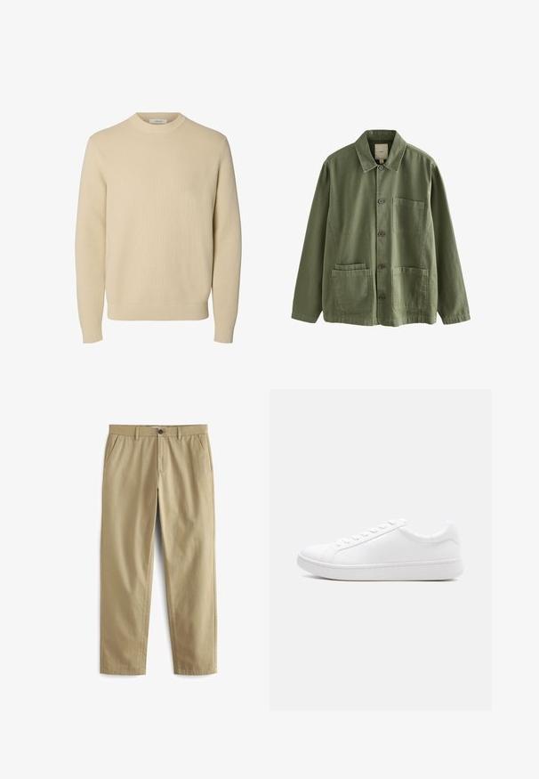 Jersey de punto beige liso con cuello redondo, mangas largas y puños y bajo acanalados.; Chaqueta color verde oliva de botones con cuello, mangas largas, un bolsillo en el pecho y dos bolsillos delanteros inferiores tipo parche.; Pantalones beige de mezcla de algodón, con cierre de botón, dos bolsillos delanteros y piernas rectas con textura mínima.; Zapatilla blanca de cuero liso con cierre de cordones, diseño bajo y suela gruesa de caucho, vista lateral sobre un fondo liso.