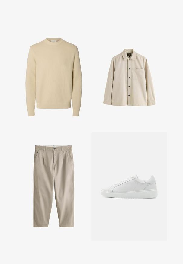 Jersey de punto beige liso con cuello redondo, mangas largas y puños y bajo acanalados.; Camisa beige de manga larga con botones, cuello y un bolsillo en el pecho, hecha de una tela resistente.; Pantalones beige de pierna recta con trabillas para cinturón, botón frontal, cierre de cremallera y bolsillos laterales inclinados.; Zapatilla de cuero blanco con una textura suave, punta redonda, diseño de perfil bajo y un logo sutil en el lateral. Cuello acolchado y cordones.