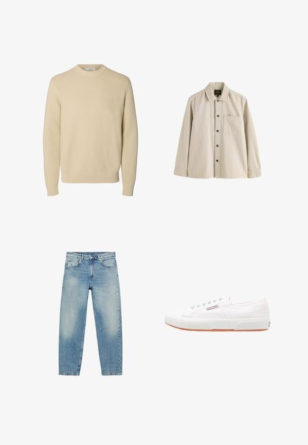 Enkel beige crewneck striktrøje med lange ærmer og ribstrikkede manchetter og kant.; Beige langærmet skjorte med knapper, krave og en brystlomme, lavet af et robust stof.; Blå straight-leg denim jeans med forlommer og bæltestropper, der viser let falmede detaljer på lår og knæ.; Hvide kanvas sneakers med gummisål, snørebåndsdesign og et lille logo mærke på siden. Tekstureret hvid overdel og brun ydersål.