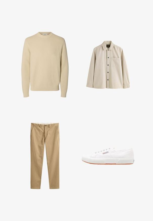 Enkel beige crewneck striktrøje med lange ærmer og ribstrikkede manchetter og kant.; Beige langærmet skjorte med knapper, krave og en brystlomme, lavet af et robust stof.; Beige chinos med lige ben, bæltestropper, frontknap, lynlås og sidelommer, vist fladt på en hvid baggrund.; Hvide kanvas sneakers med gummisål, snørebåndsdesign og et lille logo mærke på siden. Tekstureret hvid overdel og brun ydersål.