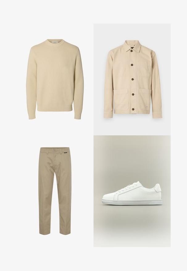 Jersey de punto beige liso con cuello redondo, mangas largas y puños y bajo acanalados.; Chaqueta de trabajo color beige claro, tela de algodón, cierre frontal con botones, cuello puntiagudo, dos bolsillos en el pecho, dos bolsillos inferiores, botones marrones, detalles cosidos.; Chinos caqui confeccionados en algodón, con corte recto, presillas para cinturón, bolsillos delanteros y un acento de logo minimalista cerca de la cintura.; Zapatilla blanca de caña baja con cordones al frente y suela de goma texturizada sobre un fondo neutro y sencillo.