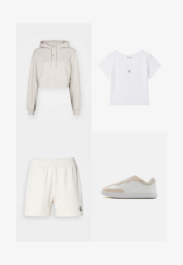 Beverde croppende hoodie gemaakt van zachte stof, met een verstelbare capuchon, lange mouwen en een klein logo op de borst.; Witte korte mouw crop top met ronde hals en klein vierkant Calvin Klein Jeans-logo patch middenvoor.; Lichtgrijze katoenen shorts met een elastische tailleband, met een zachte textuur en een klein zwart logo-accent aan de onderzijde rechts.; Witte leren sneakers met beige suède accenten en witte veters. Beschikt over een ronde neus en een gevoerde zool voor comfort.