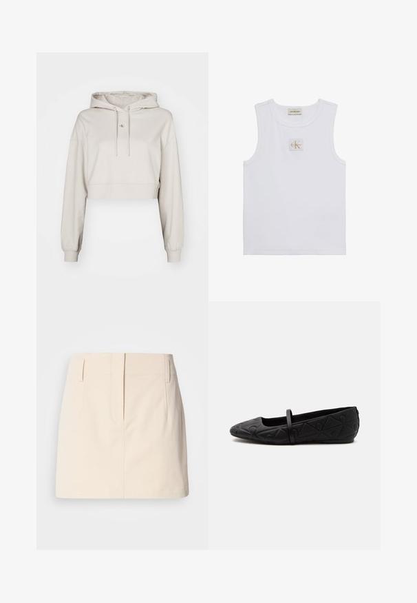 Sudadera beige recortada hecha de un tejido suave, con capucha ajustable, mangas largas y un pequeño parche de logo en el pecho.; Camiseta sin mangas blanca con etiqueta Calvin Klein Jeans en el pecho y una etiqueta cerca del escote sobre un fondo blanco liso.; Calvin Klein Jeans SKIRT - Falda acampanada - fog; Zapato plano negro con punta redondeada, patrón geométrico en relieve y una sola tira fina en la parte superior, mostrado en perfil lateral.