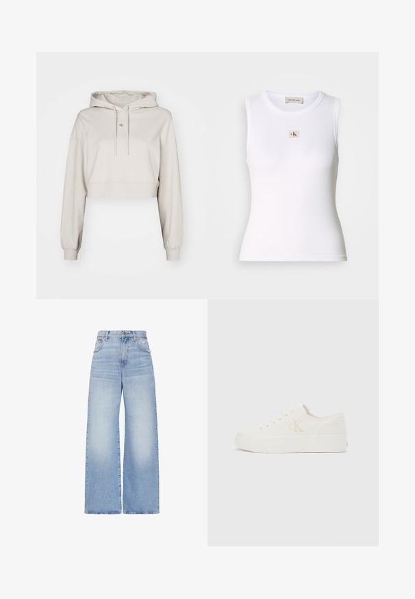 Beskyttende beige hoodie i cropped stil, lavet af blødt stof, med snoretræk til hætten, lange ærmer og et lille logo-patch på brystet.; Hvid ribbet ærmeløs top med Calvin Klein Jeans-mærke på brystet og indvendig nakkemærke.; Lyseblå højtaljede jeans med vidde i benene, lukkes foran med knapper og lynlås, for- og baglommer samt en let slidt detalje på højre lomme.; Hvid lavt snøresko med tyk sål og "cK"-logo på siden, snørebånd foran og minimalistisk design på neutral baggrund.