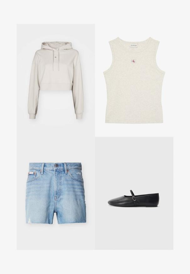 Sudadera beige recortada hecha de un tejido suave, con capucha ajustable, mangas largas y un pequeño parche de logo en el pecho.; Camiseta sin mangas de color beige claro con textura acanalada, etiqueta de Calvin Klein Jeans en el interior del cuello y un pequeño parche con el logo CK centrado debajo del escote.; Pantalones cortos de mezclilla azul claro con botón frontal, trabillas para cinturón, dos bolsillos delanteros y ligeros detalles desgastados en los laterales y el dobladillo.; Bailarinas de cuero negro con punta afilada, suela plana y una pequeña correa con detalle de hebilla plateada.