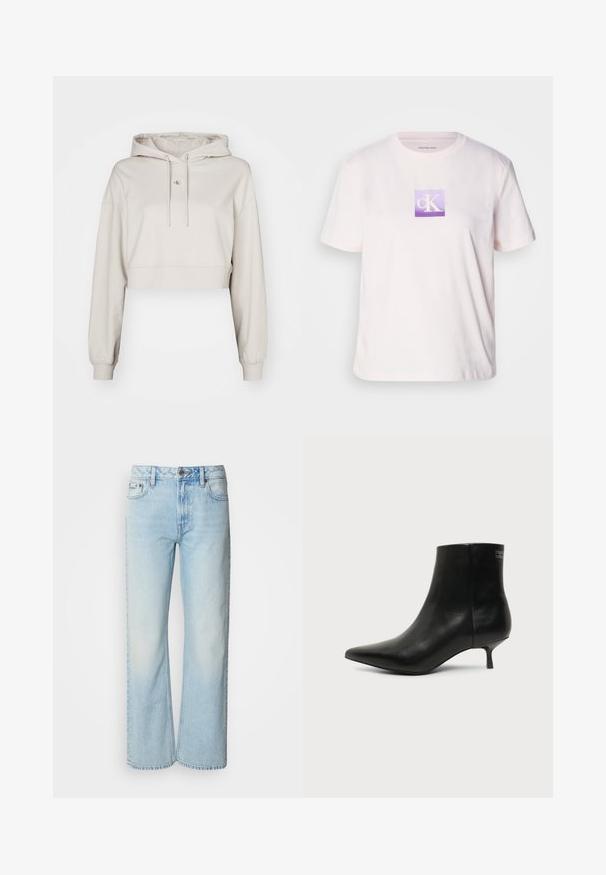 Beverde croppende hoodie gemaakt van zachte stof, met een verstelbare capuchon, lange mouwen en een klein logo op de borst.; Lichtroze katoenen T-shirt met korte mouwen, met een vierkant paarse grafische logo met witte "cK" letters in het midden.; Lichtblauwe wijde jeans van denim, voorzien van een klassiek vijf-pocket ontwerp en een subtiele vervaagde textuur. Denimstiksels zijn zichtbaar.; Zwart leren enkellaars met puntige neus en lage kittenhak op lichte achtergrond, zijaanzicht buitenkant.