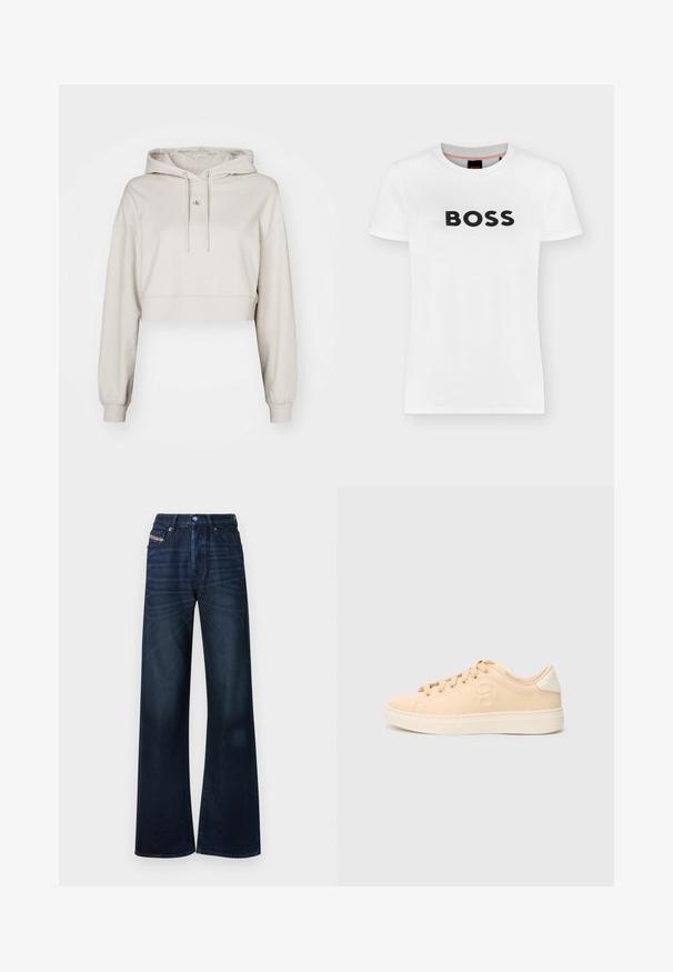 Beige Crop-Hoodie aus weichem Stoff, mit einer Kordelzugkapuze, langen Ärmeln und einem kleinen Logopatch auf der Brust.; Weißes T-Shirt mit kurzen Ärmeln und Rundhalsausschnitt, mit „BOSS“ in fetten schwarzen Buchstaben quer über der Brust bedruckt.; Dunkelblaue Jeans mit weitem Bein aus Denim. Verfügt über einen Knopfverschluss, ein Fünf-Taschen-Design und dezentes Verblassen auf der Vorderseite.; Beiger Sneaker mit glatter, matter Oberfläche, rundem Zehenbereich und Schnürverschluss. Hat eine kontrastierende weiße Ferse und dezente Markenkennzeichnung an der Seite.