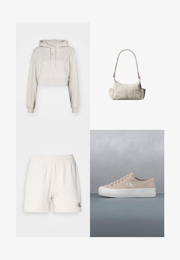 Sudadera beige recortada hecha de un tejido suave, con capucha ajustable, mangas largas y un pequeño parche de logo en el pecho.; Shorts de algodón gris claro con cintura elástica, que presentan una textura suave y un pequeño logotipo negro en la parte inferior derecha.; Zapatilla deportiva de lona color beige claro con suela de goma blanca, con cordones y un pequeño logo en el lateral. Superficie con textura y diseño minimalista.; Pequeña bolsa de hombro de cuero beige con correa ajustable y logotipo de Calvin Klein en relieve en el centro delantero.