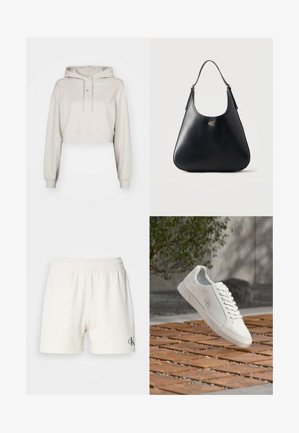 Beige Crop-Hoodie aus weichem Stoff, mit einer Kordelzugkapuze, langen Ärmeln und einem kleinen Logopatch auf der Brust.; Hellgraue Baumwollshorts mit einem elastischen Bund, die eine glatte Textur aufweisen und am unteren rechten Rand ein kleines schwarzes Logo-Detail haben.; Weißer Sneaker mit niedrigem Schaft, Schnürsenkeln und Calvin Klein Logo an der Seite, schwebend über einer gefliesten Holzoberfläche im Freien in der Nähe von Grünpflanzen.; Schwarze Lederhandtasche mit einem einzelnen Schulterriemen und goldenem "cK" Logo, das nahe der Oberseite zentriert ist, vor einem schlichten hellen Hintergrund.