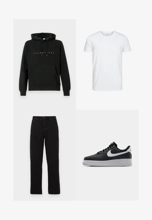 Hoodie en coton noir avec une poche kangourou à l'avant, une capuche avec cordon de serrage, et le texte blanc "JACK & JONES" sur la poitrine. Texture douce.; T-shirt à col rond à manches courtes de couleur blanche unie, fabriqué en coton doux, avec un design simple sans motifs ni accents visibles.; Jeans en denim noir avec une coupe droite, dotés d'une fermeture à bouton, de passants de ceinture et d'un style à cinq poches classique.; Baskets en cuir noir avec surface texturée, swoosh Nike blanc, semelle grise, bout rond et design à lacets. Comprend des perforations sur la boîte à orteils.
