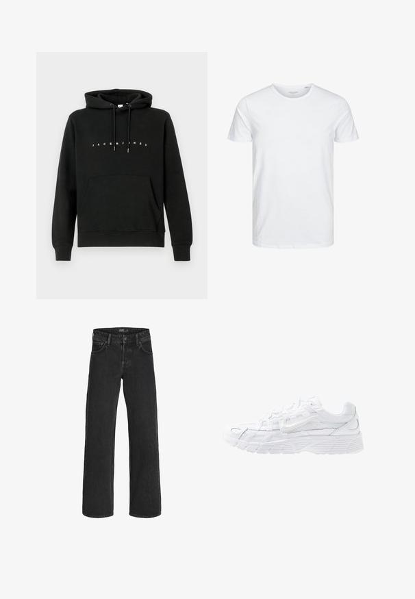 Hoodie en coton noir avec une poche kangourou à l'avant, une capuche avec cordon de serrage, et le texte blanc "JACK & JONES" sur la poitrine. Texture douce.; T-shirt à col rond à manches courtes de couleur blanche unie, fabriqué en coton doux, avec un design simple sans motifs ni accents visibles.; Jean droit noir en denim avec cinq poches et fermeture par bouton à la taille.; Nike Sportswear P 6000 - Baskets basses - white/platinum tint