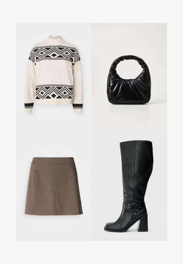 Pull en tricot crème avec des motifs géométriques noirs, col montant et poignets côtelés. Texture douce avec des rayures noires contrastantes.; Mini-jupe à motif pied-de-poule marron et noir avec une coupe droite et un détail de couture sur le devant, sur fond blanc.; Bottes en cuir noires arrivant au genou, avec un bout carré, un large talon et une sangle décorative avec des accents métalliques autour de la cheville. Texture lisse.; Sac à main noir rembourré avec une poignée arrondie, présentant une surface lisse et brillante ainsi qu'une texture douce et matelassée. Pas de quincaillerie ou d'accents visibles.