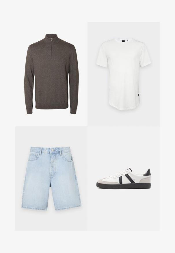 Jersey marrón de manga larga con cuello con media cremallera y puños y bajo acanalados sobre un fondo blanco.; Camiseta blanca de manga corta hecha de algodón, con un escote redondo y una parte trasera ligeramente alargada, con un pequeño logotipo en el lateral.; Pantalones cortos de denim azul claro con corte recto, que cuentan con bolsillos delanteros, cierre de botón y costuras informales. Textura suave sin patrones.; Zapatilla blanca con acentos en negro y gris, que presenta una puntera texturizada en gris, suela de goma negra y cordones planos blancos. Diseño limpio, estilo minimalista.