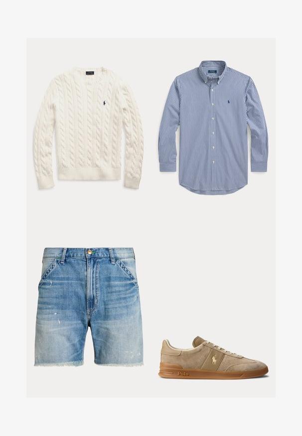 Pull blanc à manches longues en maille torsadée, col rond et petit logo Polo Ralph Lauren bleu foncé sur la poitrine gauche.; Chemise bleu et blanche à rayures verticales, manches longues, boutonnée, avec col et petit logo brodé sur la poitrine gauche.; Shorts en denim bleu avec un ourlet effiloché, présentant un délavage en goyave, un léger aspect usé et un design à cinq poches avec une fermeture à bouton métallique.; Basket basse beige en daim et cuir avec semelle en gomme, lacets blancs, et logo Polo sur le côté et la semelle.