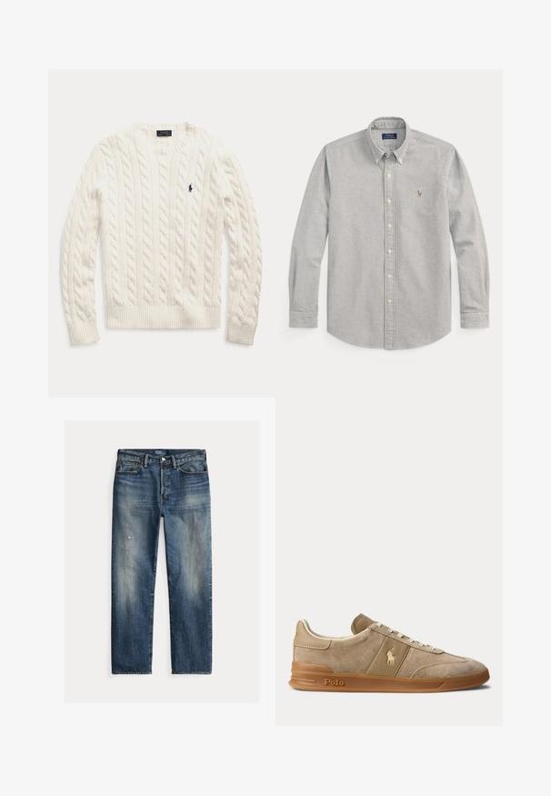Pull blanc à manches longues en maille torsadée, col rond et petit logo Polo Ralph Lauren bleu foncé sur la poitrine gauche.; Chemise gris clair à manches longues avec col, fermeture à boutons et petit logo brodé sur la poitrine gauche, de Polo Ralph Lauren.; Jean en denim bleu coupe décontractée avec une finition délavée, des marques d'usure visibles, une silhouette droite et une fermeture traditionnelle par boutons.; Basket basse beige en daim et cuir avec semelle en gomme, lacets blancs, et logo Polo sur le côté et la semelle.
