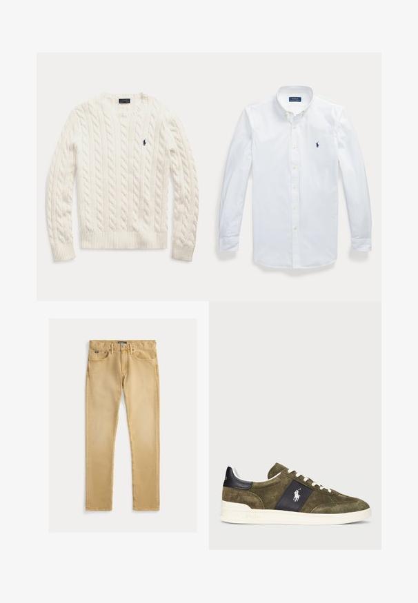 Biely sveter s dlhým rukávom so vzorom vrkoča, s okrúhlym výstrihom a malým tmavomodrým logom Polo Ralph Lauren na ľavej strane hrudníka.; Biela košeľa s dlhým rukávom, gombíkmi a golierom, vyšívané logo Polo Ralph Lauren na ľavej strane hrude.; Béžové bavlnené džínsy so slim fit strihom, päť vreciek a viditeľným šitím. Obsahujú kovový gombík a označenie na páse.; Olivovo zelené semišové tenisky s námorníckou akcentovou časťou, bielymi šnúrkami a logom. Majú štruktúrovaný povrch a bielu gumovú podrážku.