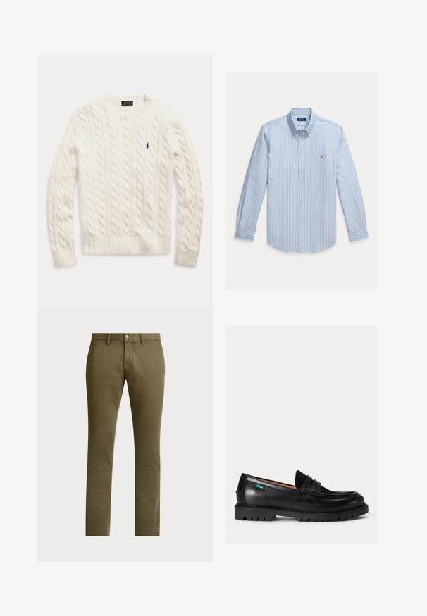 Pull blanc à manches longues en maille torsadée, col rond et petit logo Polo Ralph Lauren bleu foncé sur la poitrine gauche.; Chemise bleu clair à manches longues avec rayures verticales blanches et petit logo Polo Ralph Lauren brodé sur la poitrine.; Polo Ralph Lauren BEDFORD STRETCH SLIM FIT CHINO PANT - Chino - canopy olive; Mocassin en cuir noir avec semelle épaisse, bout arrondi et étiquette verte Polo sur le côté.