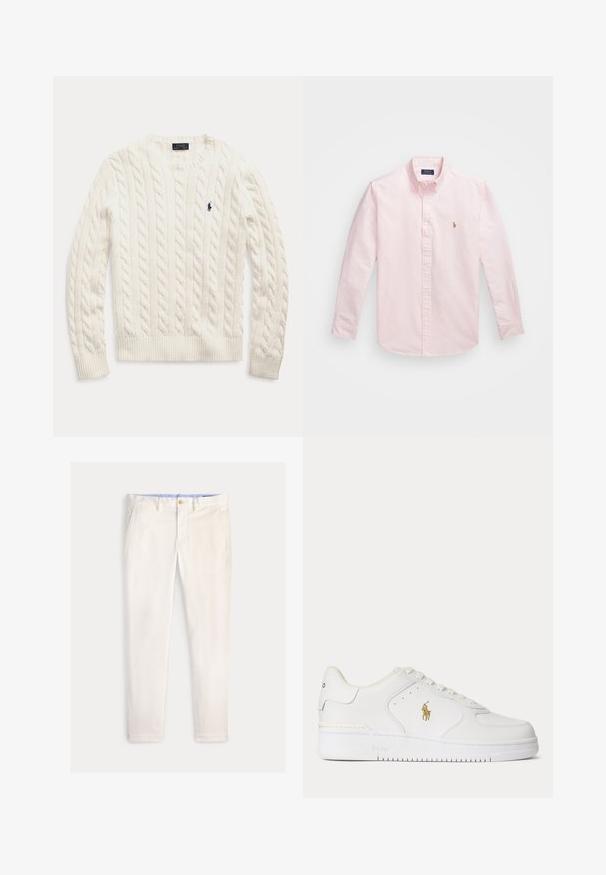 Pull blanc à manches longues en maille torsadée, col rond et petit logo Polo Ralph Lauren bleu foncé sur la poitrine gauche.; Chemise boutonnée rose pâle avec de fines rayures blanches, manches longues, col italien et un petit logo brodé sur la poitrine.; Pantalon slim fit pour homme de couleur blanc cassé avec poches avant, passants de ceinture et fermeture à bouton sur un fond uni.; Baskets basses en cuir blanc avec lacets blancs et logo Polo Ralph Lauren doré sur le côté, avec "Polo" embossé sur la semelle.