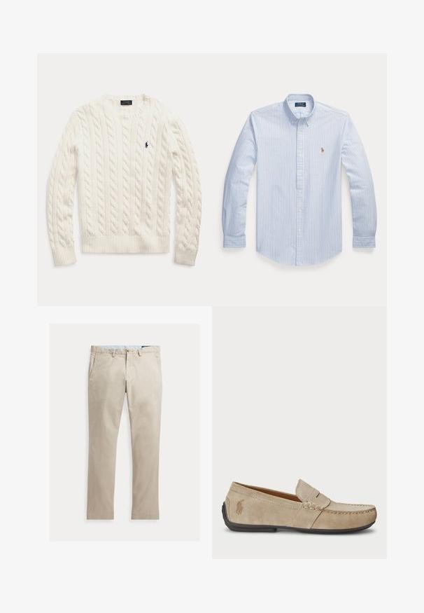 Pull blanc à manches longues en maille torsadée, col rond et petit logo Polo Ralph Lauren bleu foncé sur la poitrine gauche.; Chemise à manches longues rayée bleu et blanc avec col ajusté, ornée d'un petit logo brodé sur la poitrine gauche.; Pantalon beige en coton à jambes droites, avec poches avant, passants de ceinture, fermeture par bouton et braguette zippée, présenté à plat sur fond blanc.; Mocassins en suede beige avec un détail cousu, semelle en caoutchouc plate et un petit logo sur le côté. Design classique à enfiler, texture douce.