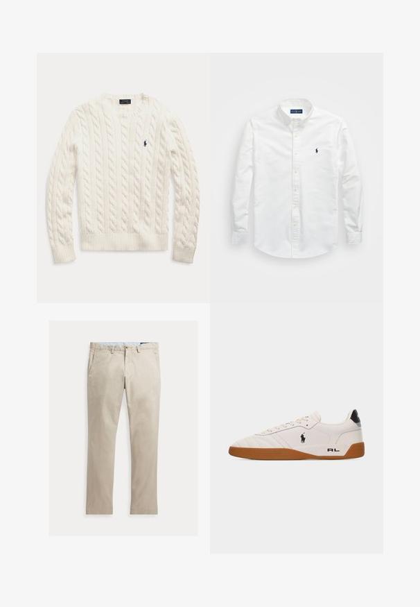 Weißer, kabelgestrickter Pullover mit langen Ärmeln, Rundhalsausschnitt und kleinem dunkelblauem Polo Ralph Lauren-Logo auf der linken Brust.; Weißes Button-Down-Hemd aus Baumwolle. Verfügt über einen spitzen Kragen, lange Ärmel und ein kleines marineblaues Logo auf der Brust. Glatte Textur.; Beige Baumwollhose mit geradem Bein, Fronttaschen, Gürtelschlaufen, Knopfverschluss und Reißverschluss, flach auf weißem Hintergrund dargestellt.; Weißer Sneaker mit niedrigem Schaft, brauner Gummisohle, schwarzem Polo Ralph Lauren-Logo an der Seite und "RL"-Schriftzug im Fersenbereich.