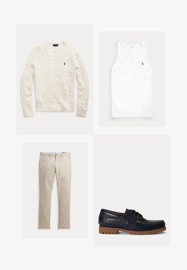 Pull blanc à manches longues en maille torsadée, col rond et petit logo Polo Ralph Lauren bleu foncé sur la poitrine gauche.; Débardeur blanc sans manches avec col rond et petit logo cheval Polo Ralph Lauren bleu marine sur le côté gauche de la poitrine.; Pantalon beige en coton à jambes droites, avec poches avant, passants de ceinture, fermeture par bouton et braguette zippée, présenté à plat sur fond blanc.; Chaussure bateau en cuir bleu marine avec semelle en caoutchouc marron, couture blanche, lacets et petite étiquette Polo verte sur le côté.