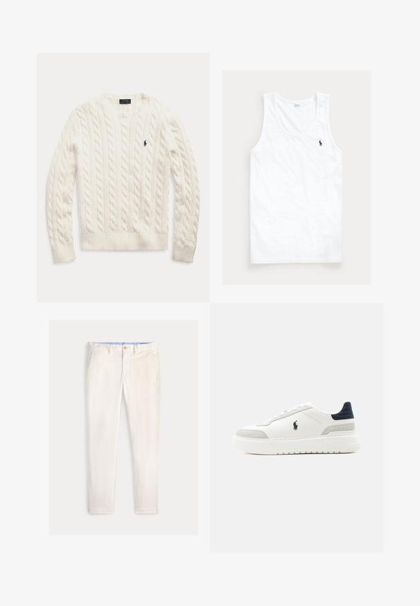 Pull blanc à manches longues en maille torsadée, col rond et petit logo Polo Ralph Lauren bleu foncé sur la poitrine gauche.; Débardeur blanc sans manches avec col rond et petit logo cheval Polo Ralph Lauren bleu marine sur le côté gauche de la poitrine.; Pantalon slim fit pour homme de couleur blanc cassé avec poches avant, passants de ceinture et fermeture à bouton sur un fond uni.; Baskets basses blanches avec languette de talon noire, accents en daim gris, semelle épaisse et logo Polo noir sur le côté extérieur.