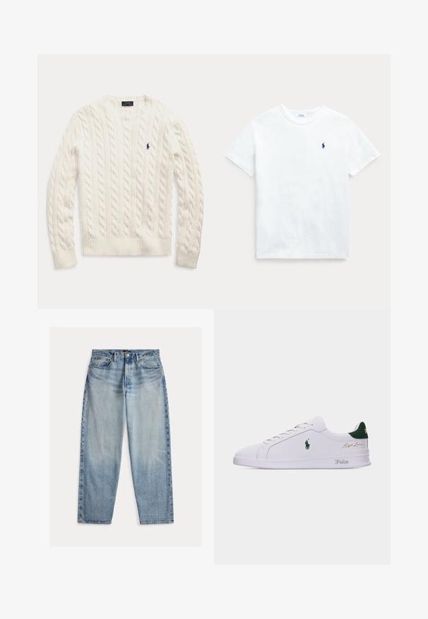 Weißer, kabelgestrickter Pullover mit langen Ärmeln, Rundhalsausschnitt und kleinem dunkelblauem Polo Ralph Lauren-Logo auf der linken Brust.; Weißes Baumwoll-T-Shirt mit kurzen Ärmeln, Rundhalsausschnitt und kleinem navy Logo auf der linken Brust. Glatte Textur und klassischer Schnitt.; Hellblaue Jeans aus Denim mit lockerem Schnitt. Sie haben eine hohe Taille, fünf Taschen und sichtbare Nähte. Die Oberfläche ist leicht strukturiert.; Weißer Sneaker mit niedrigem Schaft, grünem Fersenlasche, gesticktem Polo-Pferdelogo an der Seite, "Polo"-Schriftzug auf der Sohle und goldener "Ralph Lauren"-Signatur am Schaft.